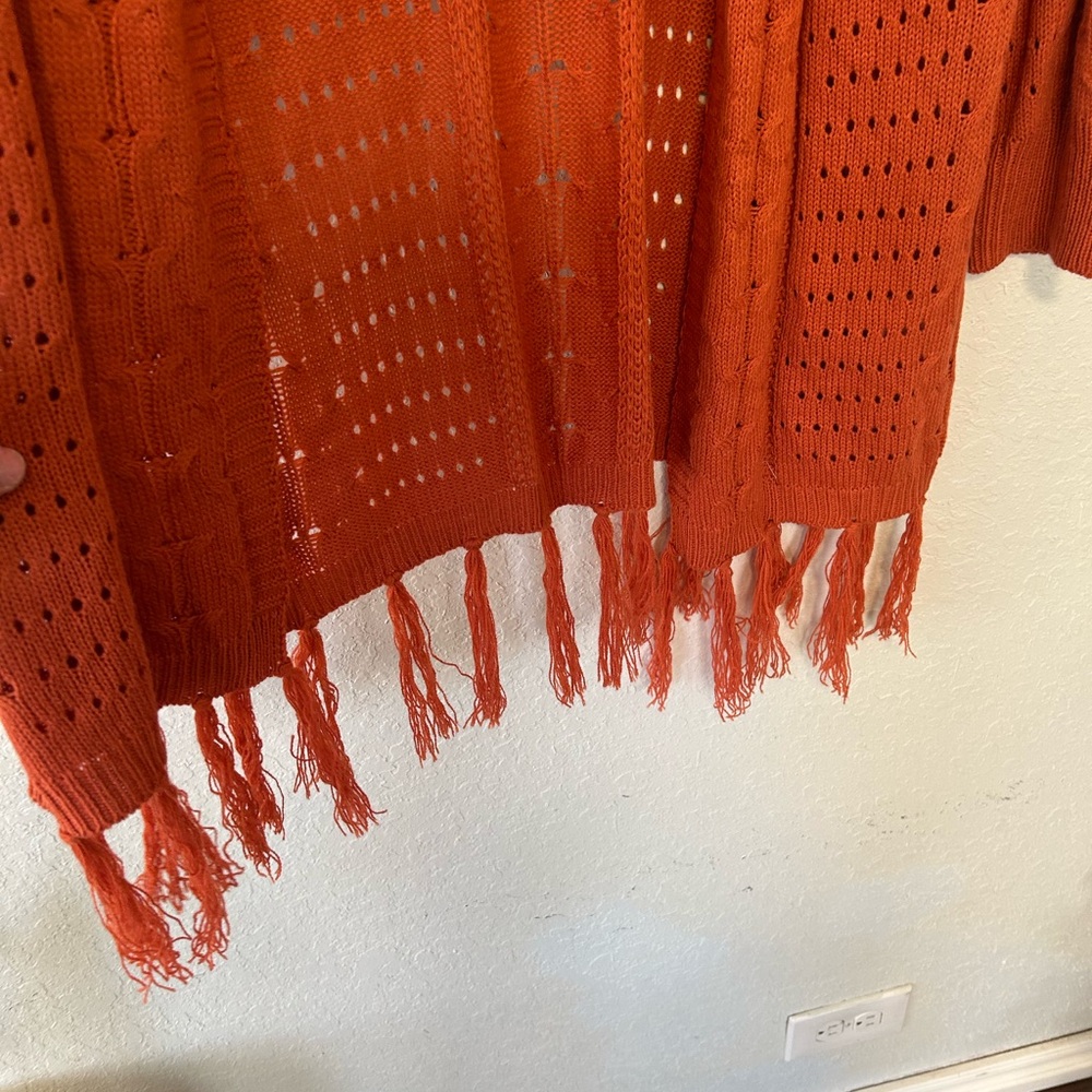 Boho Burnt Orange Fringe Cardigan , Open Knit Festival Sweater Size S - Picture 4 of 6